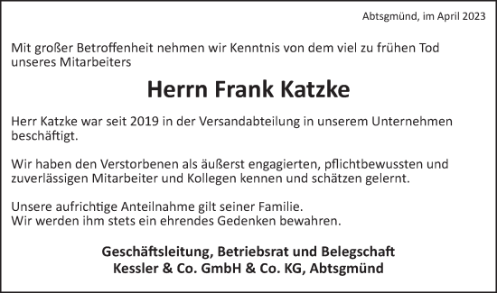 Traueranzeige von Frank Katzke von Schwäbische Post