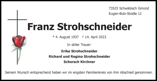 Traueranzeige von Franz Strohschneider von Gmünder Tagespost