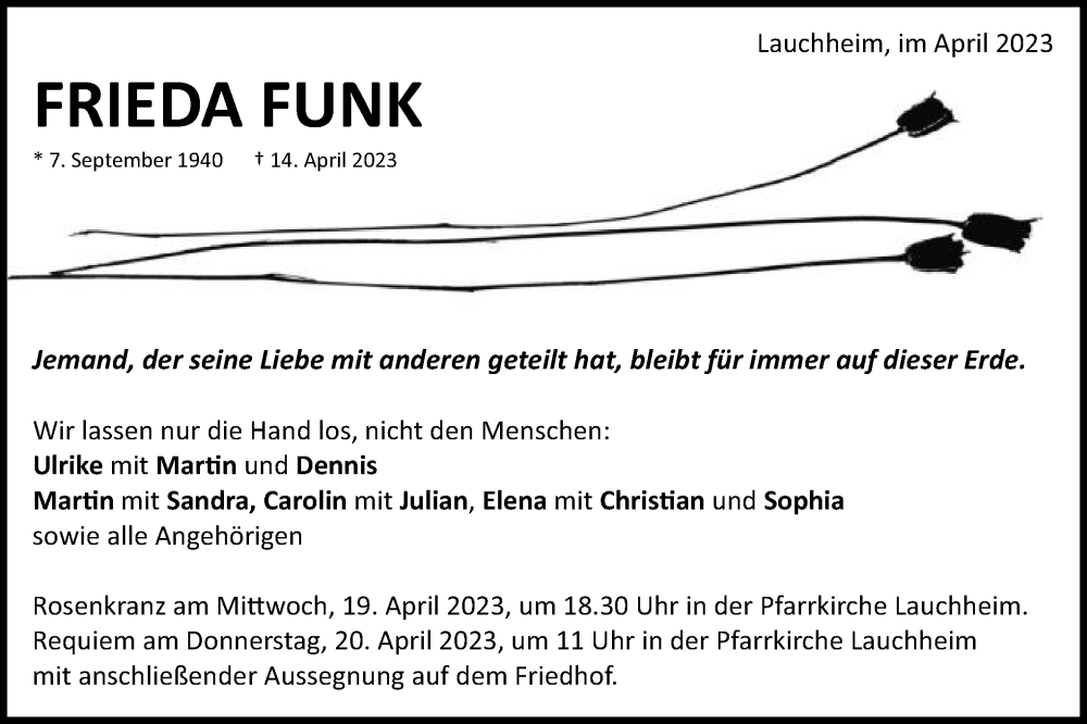  Traueranzeige für Frieda Funk vom 18.04.2023 aus Schwäbische Post