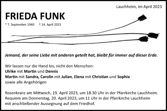 Traueranzeige von Frieda Funk von Schwäbische Post