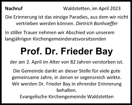 Traueranzeige von Frieder Bay von Gmünder Tagespost