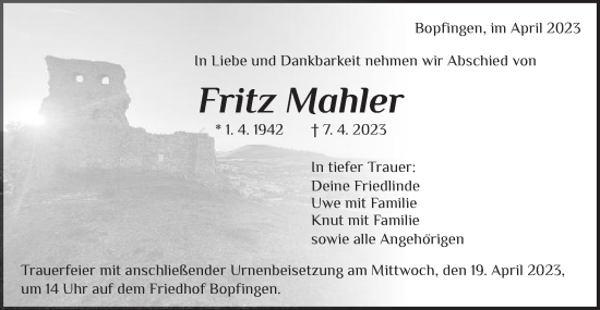 Traueranzeige von Fritz Mahler von Schwäbische Post