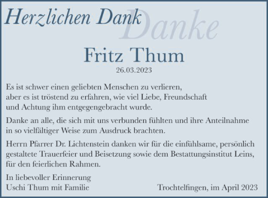 Traueranzeige von Fritz Thum von Schwäbische Post