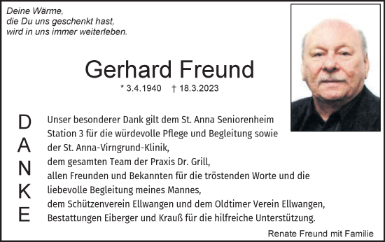 Traueranzeige von Gerhard Freund von Schwäbische Post