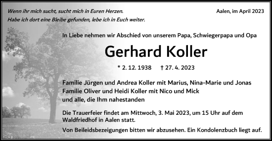Traueranzeige von Gerhard Koller von Schwäbische Post