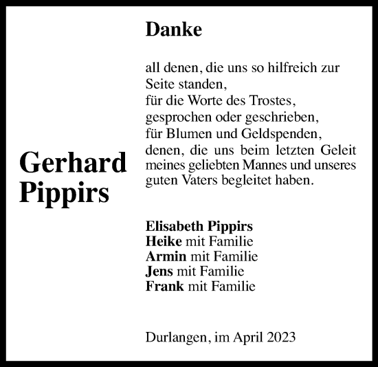 Traueranzeige von Gerhard Pippirs von Gmünder Tagespost