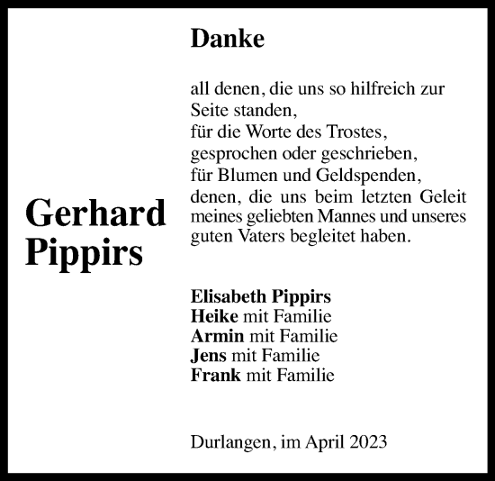 Traueranzeige von Gerhard Pippirs