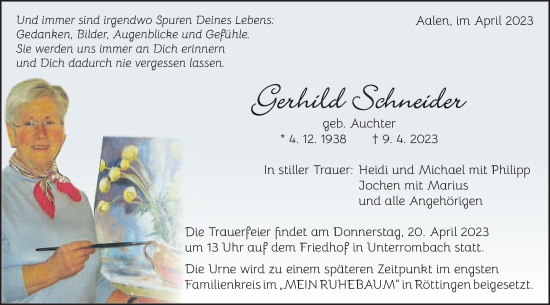 Traueranzeige von Gerhild Schneider von Schwäbische Post
