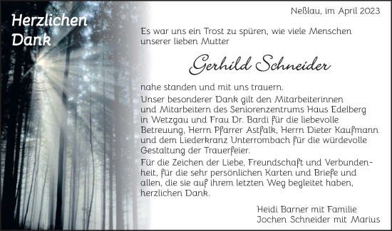 Traueranzeige von Gerhild Schneider von Schwäbische Post