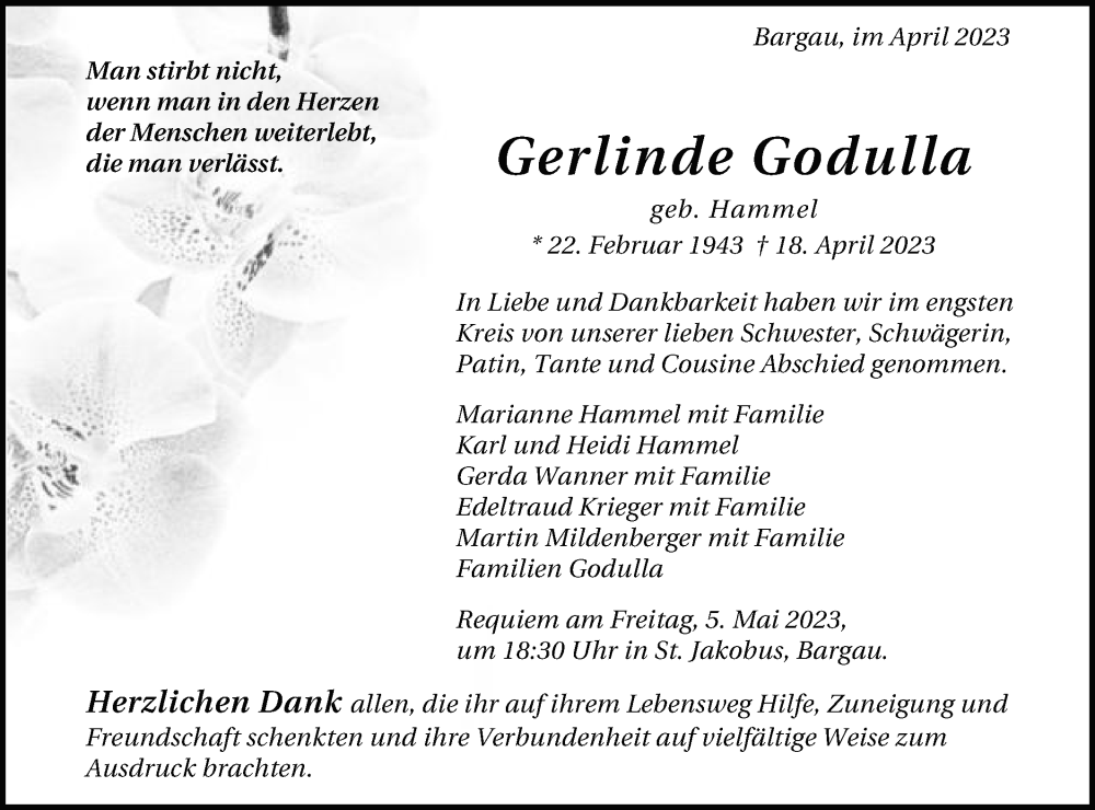  Traueranzeige für Gerlinde Godulla vom 28.04.2023 aus Gmünder Tagespost