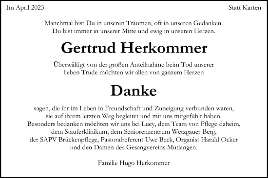 Traueranzeige von Gertrud Herkommer von Gmünder Tagespost