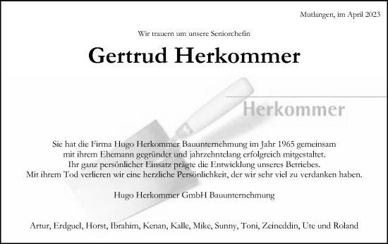 Traueranzeige von Gertrud Herkommer von Gmünder Tagespost