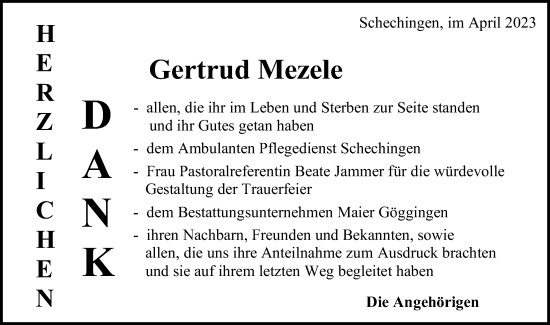Traueranzeige von Gertrud Mezele von Gmünder Tagespost