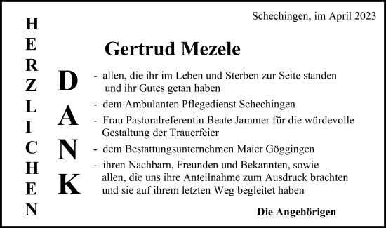 Traueranzeige von Gertrud Mezele