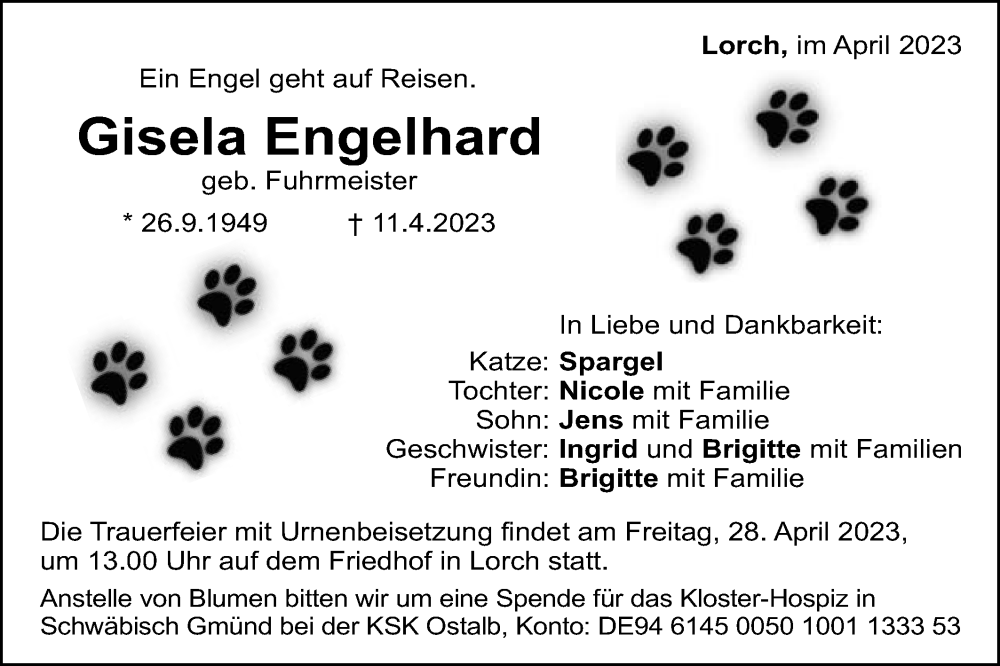  Traueranzeige für Gisela Engelhard vom 22.04.2023 aus Gmünder Tagespost
