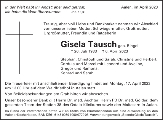 Traueranzeige von Gisela Tausch von Schwäbische Post