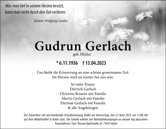 Traueranzeige von Gudrun Gerlach von Schwäbische Post