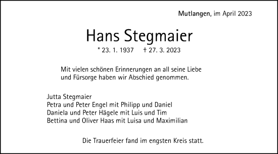 Traueranzeige von Hans Stegmaier von Gmünder Tagespost