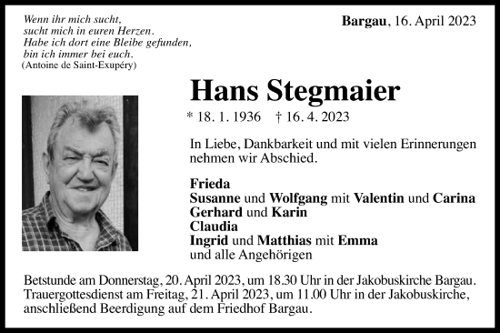 Traueranzeige von Hans Stegmaier von Gmünder Tagespost