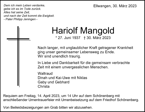 Traueranzeige von Hariolf Mangold von Schwäbische Post