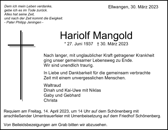 Traueranzeige von Hariolf Mangold