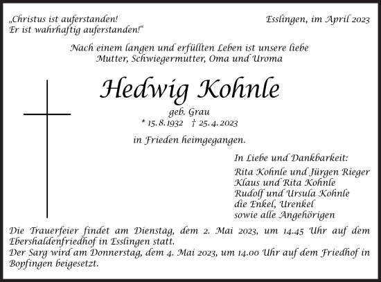 Traueranzeige von Hedwig Kohnle von Schwäbische Post
