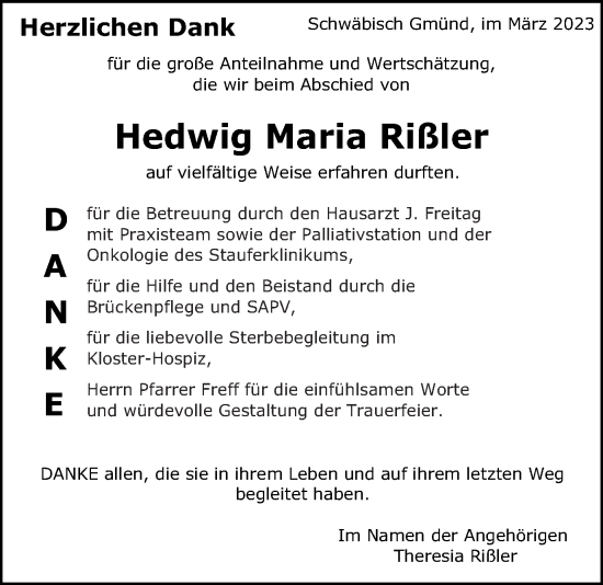 Traueranzeige von Hedwig Maria Rißler von Gmünder Tagespost