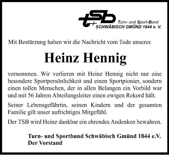 Traueranzeige von Heinz Hennig von Gmünder Tagespost