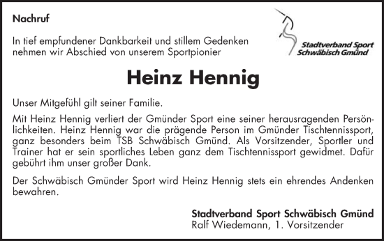Traueranzeige von Heinz Hennig von Gmünder Tagespost