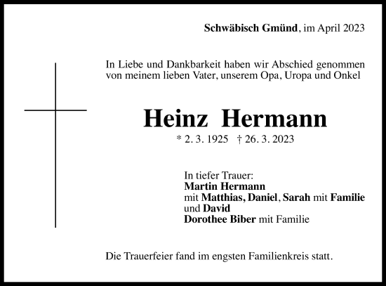 Traueranzeige von Heinz Hermann von Gmünder Tagespost