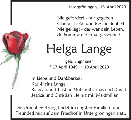 Traueranzeige von Helga Lange von Schwäbische Post