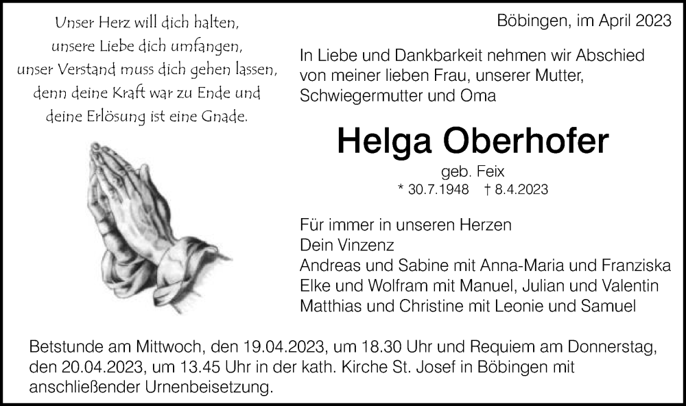  Traueranzeige für Helga Oberhofer vom 18.04.2023 aus Gmünder Tagespost