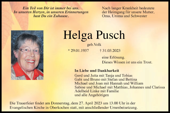 Traueranzeige von Helga Pusch von Schwäbische Post