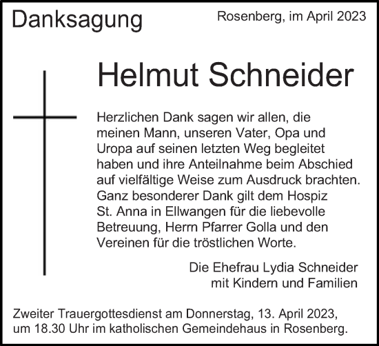 Traueranzeige von Helmut Schneider von Schwäbische Post