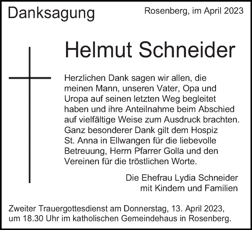  Traueranzeige für Helmut Schneider vom 11.04.2023 aus Schwäbische Post