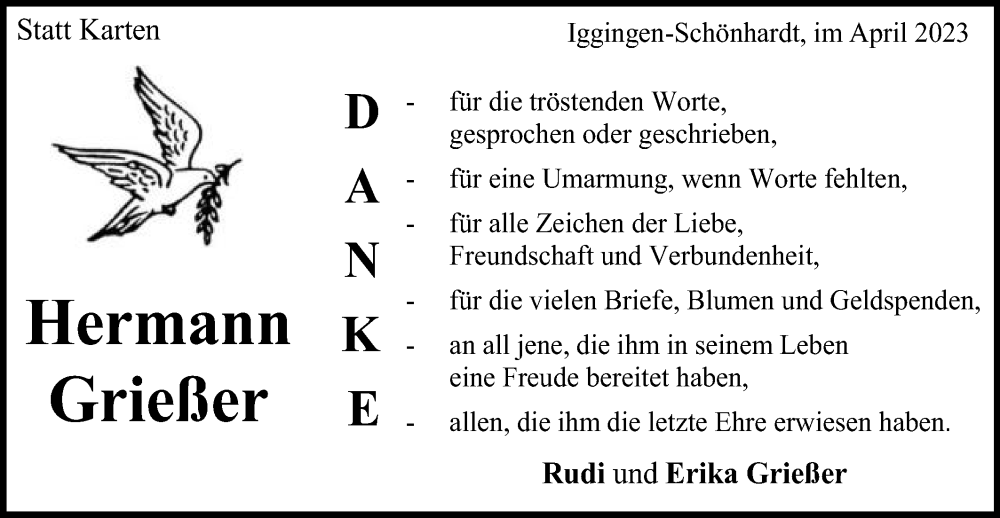  Traueranzeige für Hermann Grießer vom 15.04.2023 aus Gmünder Tagespost