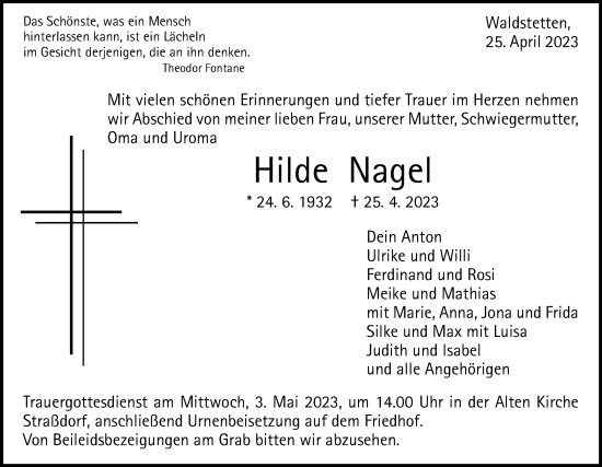 Traueranzeige von Hilde Nagel von Gmünder Tagespost