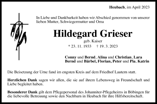 Traueranzeige von Hildegard Grieser von Gmünder Tagespost