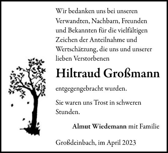 Traueranzeige von Hiltraud Großmann von Gmünder Tagespost