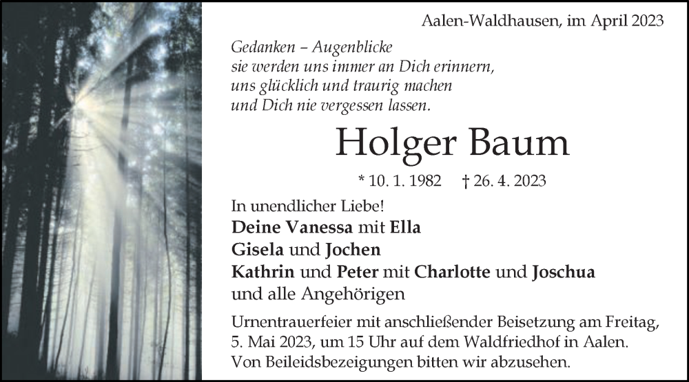  Traueranzeige für Holger Baum vom 29.04.2023 aus Schwäbische Post