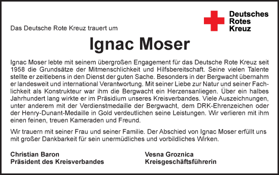 Traueranzeige von Ignac Moser von Gmünder Tagespost