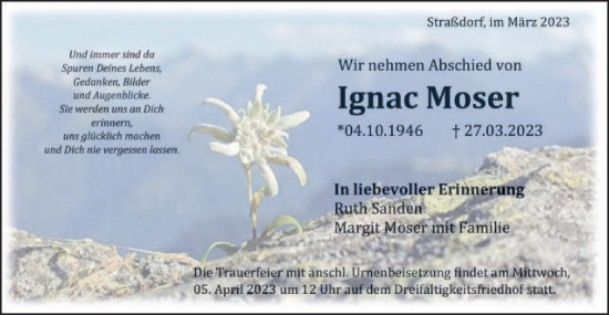 Traueranzeige von Ignac Moser von Gmünder Tagespost