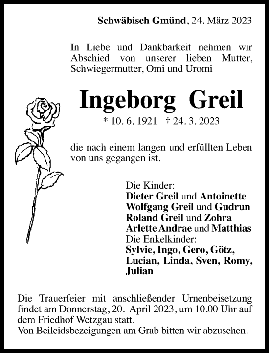 Traueranzeige von Ingeborg Greil von Gmünder Tagespost
