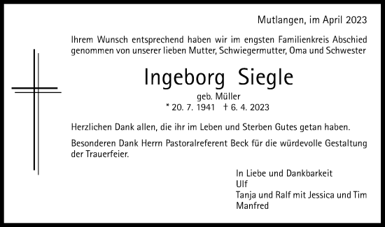 Traueranzeige von Ingeborg Siegle von Gmünder Tagespost