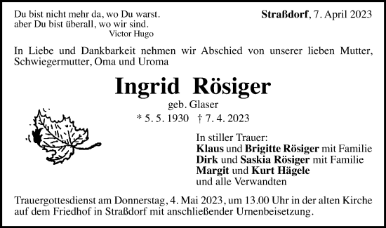 Traueranzeige von Ingrid Rösiger von Gmünder Tagespost