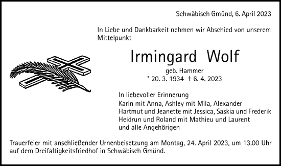 Traueranzeige von Irmingard Wolf von Gmünder Tagespost