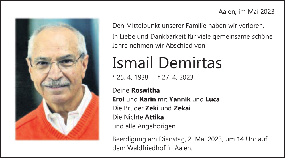  Traueranzeige für Ismail Demirtas vom 29.04.2023 aus Schwäbische Post