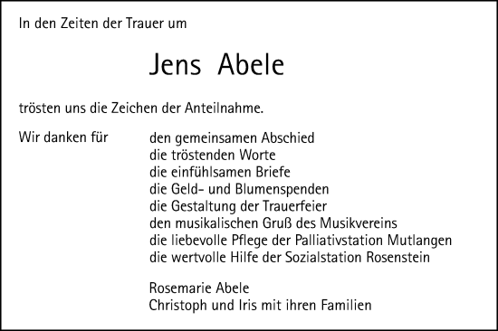 Traueranzeige von Jens Abele von Gmünder Tagespost