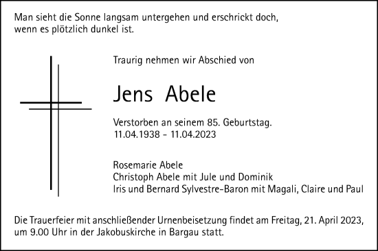 Traueranzeige von Jens Abele von Gmünder Tagespost