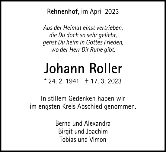 Traueranzeige von Johann Roller von Gmünder Tagespost